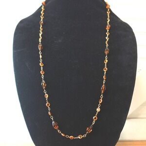 Vintage Austrian Crystal Necklace Tortoise Shell Faceted Beads Chain Jewelry 34"